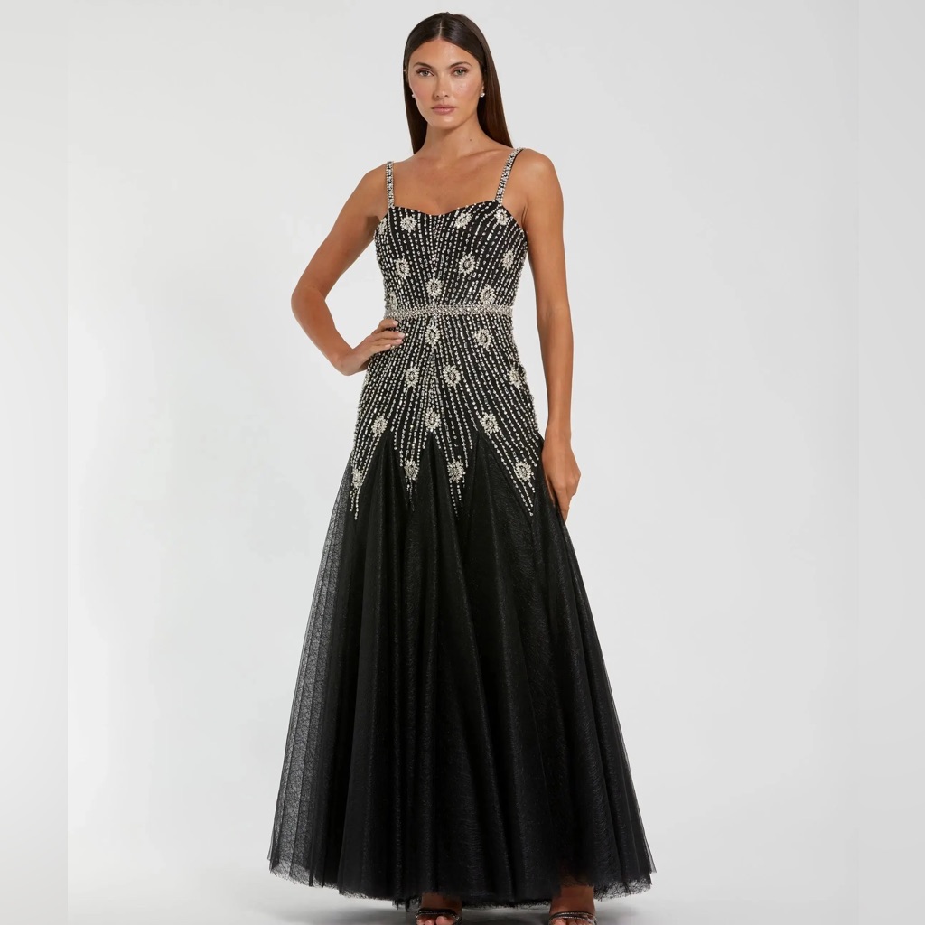 Mac Duggal Slim Strap Embellished Bustier Gown Blacksilver Evening Gown Nwt $898